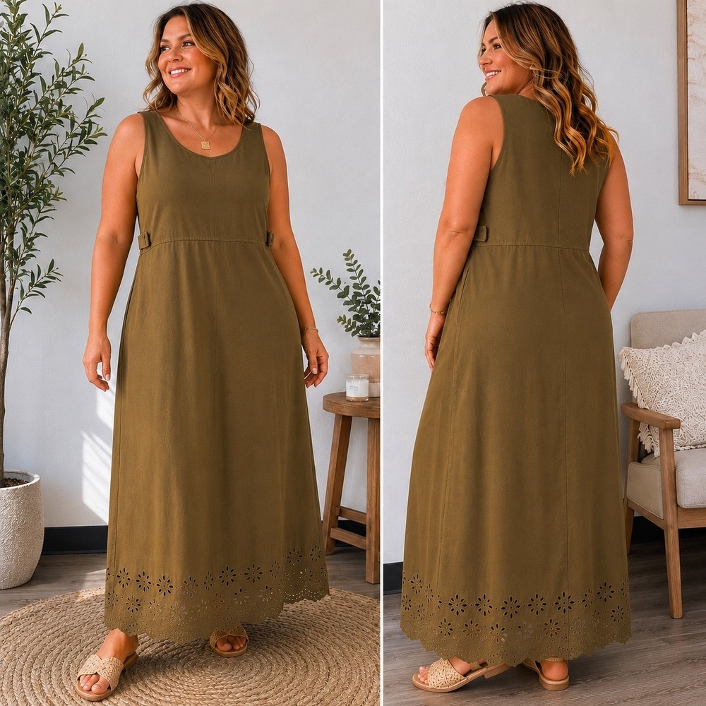Erika Studio XL Olive Brown Sleeveless Maxi Dress Laser Cut Hem Shift‎